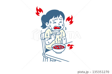 激辛料理を食べて汗をかき悶絶する女性のイラスト　熱い・辛い・食事 135351270