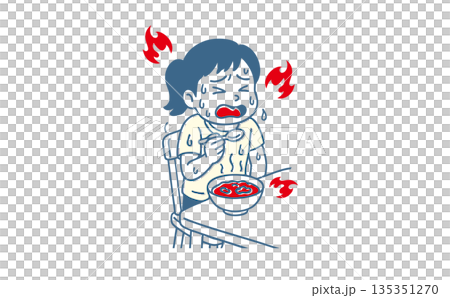 激辛料理を食べて汗をかき悶絶する女性のイラスト　熱い・辛い・食事 135351270