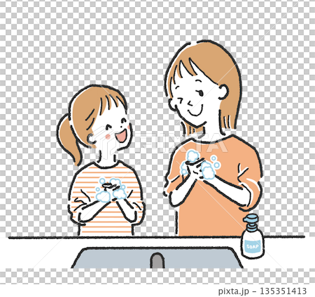 插圖：一位年輕的母親和女兒面帶微笑地並肩洗手。 135351413
