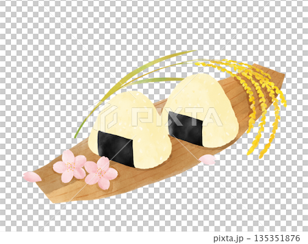 Set of cherry blossoms, bamboo skin rice balls, pickled radish, and rice ears, watercolor illustration, cherry blossom viewing, spring outing Set of cherry blossoms, bamboo skin rice balls, pickled radish, and rice ears, watercolor illustration, cherry blossom viewing, spring outing 135351876