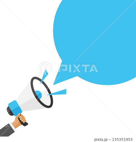 Hand holding megaphone icon in flat style. Promotion banner vector illustration on isolated background. Loudspeaker announce sign business concept. 135351953