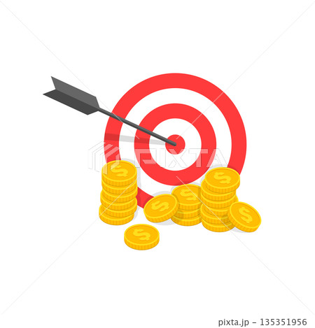Darts target with coins icon in flat style. Budget deposit vector illustration on isolated background. Strategy achievement sign business concept. Darts target with coins icon in flat style. Budget deposit vector illustration on isolated background. Strategy achievement sign business concept. 135351956