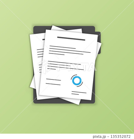 Contract document icon in flat style. Report with signature and approval stamp vector illustration on isolated background. Paper sheet sign business concept. Contract document icon in flat style. Report with signature and approval stamp vector illustration on isolated background. Paper sheet sign business concept. 135352072
