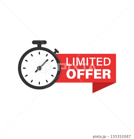 Limited offer label icon in flat style. Discount banner with clock vector illustration on isolated background. Sale sign business concept. 135352087