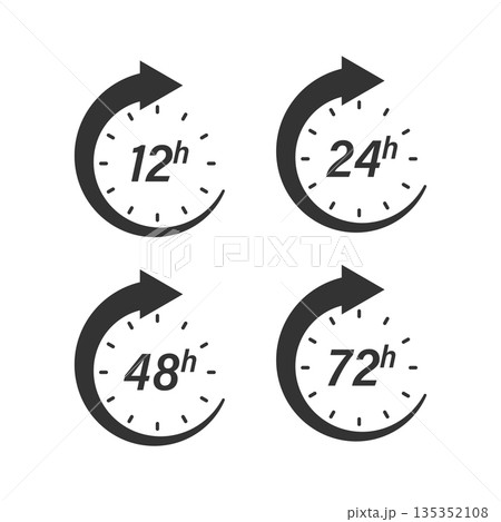 12, 24, 48 and 72 hours clock icon in flat style. Timer countdown vector illustration on isolated background. Delivery service time sign business concept. 135352108