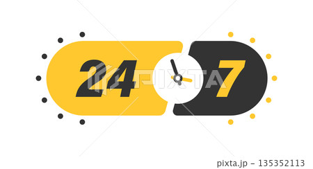 24 7 hours service icon in flat style. All day business and service vector illustration on isolated background. Quick service time sign business concept. 24 7 hours service icon in flat style. All day business and service vector illustration on isolated background. Quick service time sign business concept. 135352113