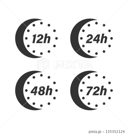 12, 24, 48 and 72 hours clock icon in flat style. Timer countdown vector illustration on isolated background. Delivery service time sign business concept. 12, 24, 48 and 72 hours clock icon in flat style. Timer countdown vector illustration on isolated background. Delivery service time sign business concept. 135352124