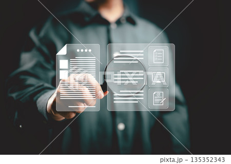 Person Using Magnifying Glass to Examine Digital Document Icons on Transparent Interface 135352343