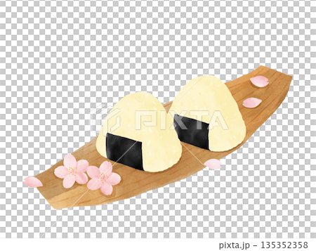 Set of cherry blossoms, bamboo skin rice balls, and rice ears, watercolor illustration, cherry blossom viewing, spring outing 135352358