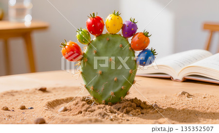 A surreal installation: a cactus in the sand, decorated with rainbow tomatoes (red, yellow, purple, blue). A cozy interior and a book are in the background. 135352507