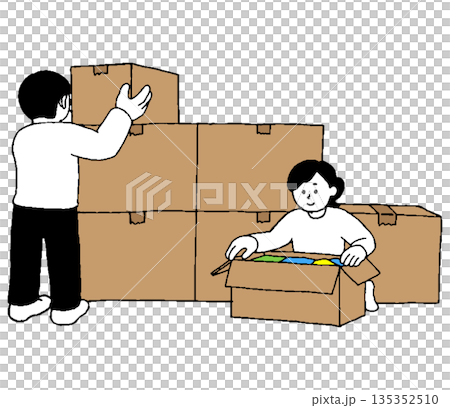 Men and women organizing cardboard boxes 135352510