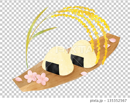 Set of cherry blossoms, bamboo skin rice balls, and rice ears, watercolor illustration, cherry blossom viewing, spring outing 135352567
