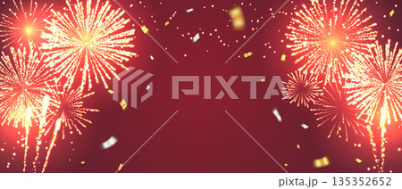 赤い背景に弾ける黄金の花火と紙吹雪のイラスト背景 135352652