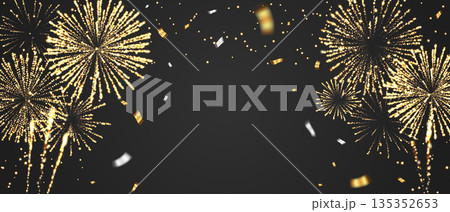 黒い背景に輝く黄金の花火と紙吹雪・高級感あふれるお祝い背景 135352653