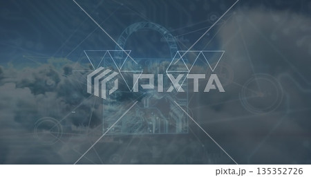 Displaying translucent padlock icon floating over clouds, with world overlay and network nodes Displaying translucent padlock icon floating over clouds, with world overlay and network nodes 135352726