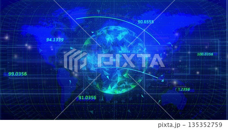 Central 3D globe glowing with triangular grid overlay in virtual interface, with curved data arcs Central 3D globe glowing with triangular grid overlay in virtual interface, with curved data arcs 135352759