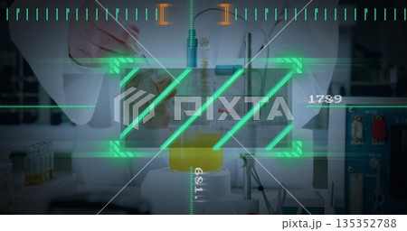 Pipetting scientist wearing white coat moving yellow fluid into beaker at lab bench with AR overlay 135352788