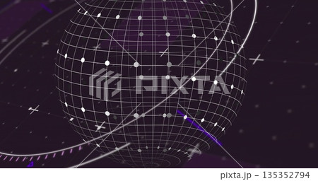 Rotating 3D wireframe sphere in digital interface with grid lines, circular nodes and orbital rings Rotating 3D wireframe sphere in digital interface with grid lines, circular nodes and orbital rings 135352794
