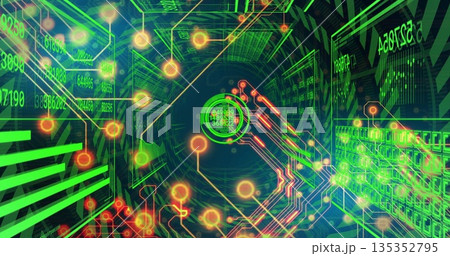 Emitting neon green code, data hub glowing inside virtual numeric panel tunnel, with orange nodes Emitting neon green code, data hub glowing inside virtual numeric panel tunnel, with orange nodes 135352795