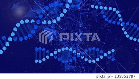 Displaying stylized DNA helix weaving across blue network mesh shapes with nodes lines glowing orbs 135352797