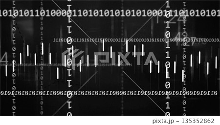 Streaming binary digits across digital interface with vertical columns, horizontal rows, data bars 135352862