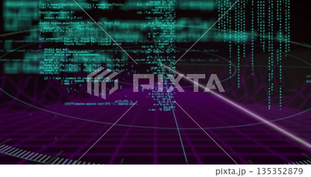 Projecting code blocks, binary code above virtual reality grid with markers and diagonal light beam Projecting code blocks, binary code above virtual reality grid with markers and diagonal light beam 135352879