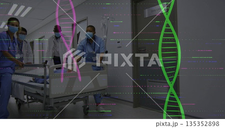 Pushing medical team guiding patient on gurney through hospital hallway, with DNA glitch overlays Pushing medical team guiding patient on gurney through hospital hallway, with DNA glitch overlays 135352898