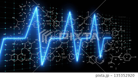 Displaying neon-blue ECG waveform pulsing on virtual laboratory interface, with chemical structures 135352920