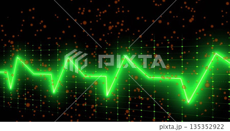 Pulsing neon green waveform line moving across dark digital grid, with floating orange particles Pulsing neon green waveform line moving across dark digital grid, with floating orange particles 135352922