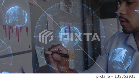 Organizing engineer writing sticky notes at office, with pen holographic network globes, copy space Organizing engineer writing sticky notes at office, with pen holographic network globes, copy space 135352933