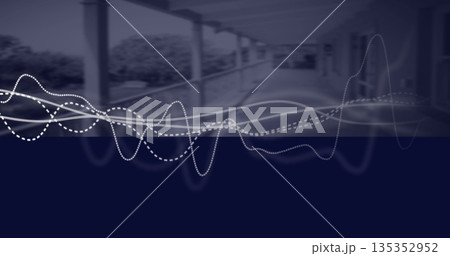 Displaying abstract white waveforms overlaying balcony, with support columns and metal railing 135352952