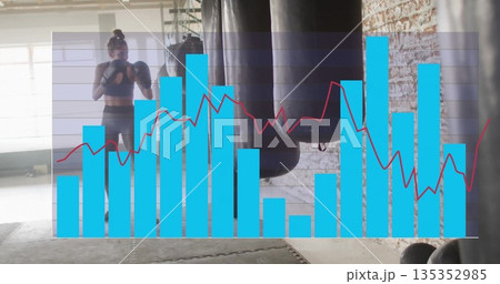 Trainee in sportswear and gloves punching bag in boxing gym, with cyan bars, red line overlay Trainee in sportswear and gloves punching bag in boxing gym, with cyan bars, red line overlay 135352985