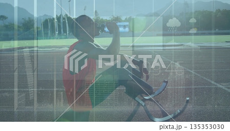 Hydrating teenage male athlete sitting on outdoor track, with prosthetic blades and water bottle Hydrating teenage male athlete sitting on outdoor track, with prosthetic blades and water bottle 135353030