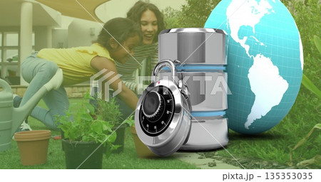 Kneeling mother and daughter planting in yard by porch, with padlocked data cylinder and globe 135353035