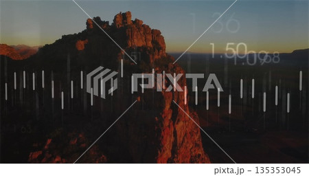 Displaying rocky cliff formation glowing in desert plateau at dusk, with translucent bars overlay Displaying rocky cliff formation glowing in desert plateau at dusk, with translucent bars overlay 135353045