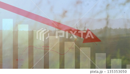 Displaying red downward arrow overlaying rural grassland, with bars, red line graph, power towers 135353050