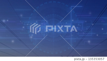 Displaying futuristic HUD interface floating above power lines at twilight, glowing nodes, towers 135353057