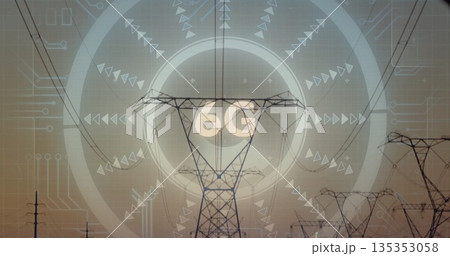 Displaying central transmission tower showing 6G digital overlay over rural power lines at dusk Displaying central transmission tower showing 6G digital overlay over rural power lines at dusk 135353058