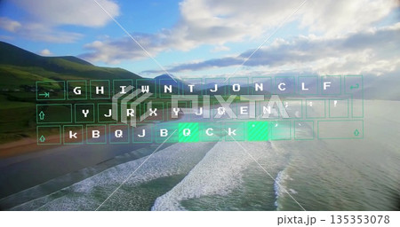 Displaying holographic keyboard over hills waves, with green keys, key outlines with white letters Displaying holographic keyboard over hills waves, with green keys, key outlines with white letters 135353078