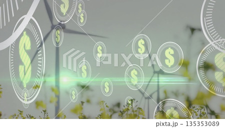Wind turbine standing in yellow flowers in field, floating green dollar icons, neon light streak Wind turbine standing in yellow flowers in field, floating green dollar icons, neon light streak 135353089