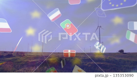 Showcasing cluster of wind turbines making clean energy in rural wind farm, with floating EU flags 135353090