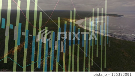 Translucent bars and lines floating over rugged coastline from aerial view, showing data graph Translucent bars and lines floating over rugged coastline from aerial view, showing data graph 135353091