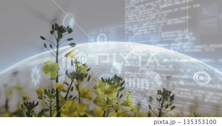 Displaying yellow flowering stalks rising in stylized orbit, with Earth, charts, code and HUD 135353100