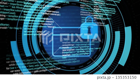 Glowing blue padlock icon floating in HUD circles on digital interface, with code and binary digits Glowing blue padlock icon floating in HUD circles on digital interface, with code and binary digits 135353150