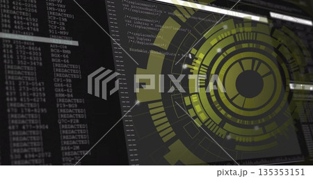 Displaying yellow-green circular HUD graphic rotating on desktop, with code window, copy space Displaying yellow-green circular HUD graphic rotating on desktop, with code window, copy space 135353151