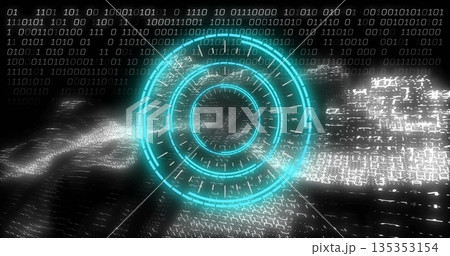 Displaying glowing cyan HUD rotating in digital data space, with binary streams and noise 135353154