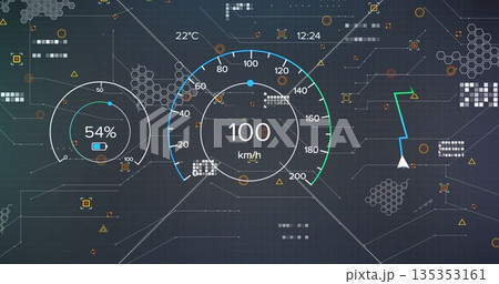 Displaying speedometer at 100 km or h on panel with metrics, navigation route, network patterns Displaying speedometer at 100 km or h on panel with metrics, navigation route, network patterns 135353161