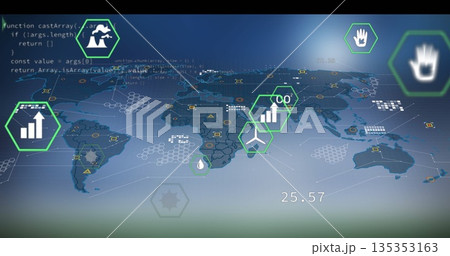 Displaying world map on dashboard with JavaScript code, green metrics grid and readout 25 135353163