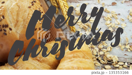 Showing pastries with seeded roll, croissants on table with oat flakes Merry Christmas overlay 135353166