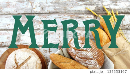 Showing artisanal breads resting in basket on whitewashed tabletop, with round loaf and baguettes 135353167